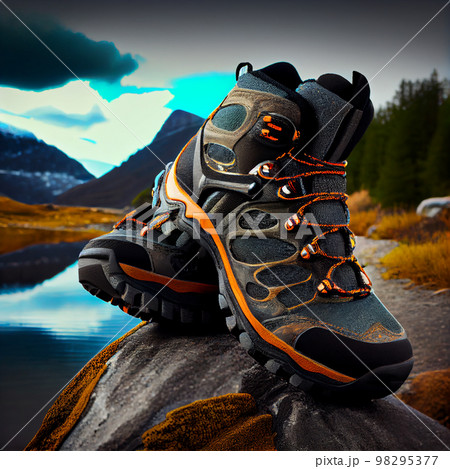 Hiking boots outdoors in fall autumn background. 98295377