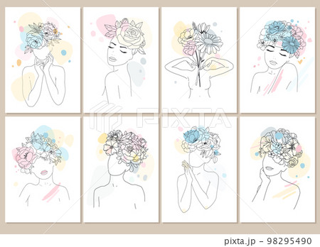 Set Minimal Line Drawing Woman Flower Images.  98295490