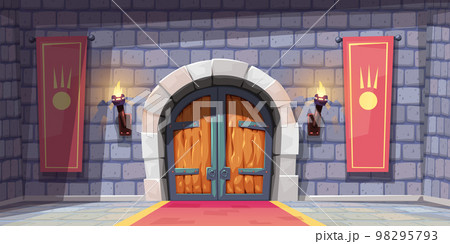 medieval castle room with flags wooden door medieval castle room with flags wooden door 98295793
