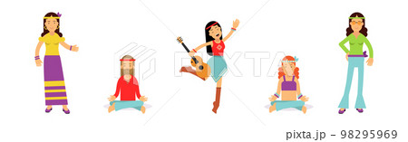Man and Woman Hippies Dressed In Classic Sixties Hippy Subculture Clothes Vector Set 98295969