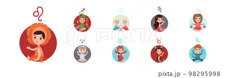 Cute Kids and Horoscope Astrological Sign Vector Set Cute Kids and Horoscope Astrological Sign Vector Set 98295998