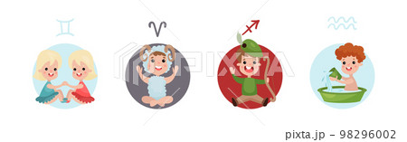 Cute Kids and Horoscope Astrological Sign Vector Set 98296002