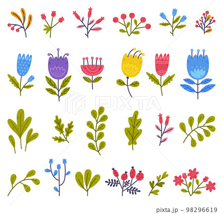Floral Twigs with Blooming Flower and Green Leaf as Cute Foliage Vector Set 98296619