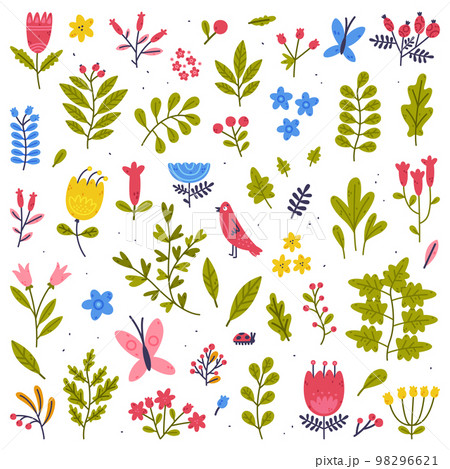 Floral Twigs with Blooming Flower and Green Leaf as Cute Foliage Vector Set Floral Twigs with Blooming Flower and Green Leaf as Cute Foliage Vector Set 98296621