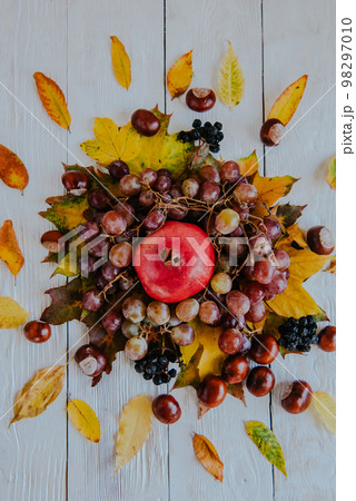 Autumn still life. apple, pumpkin, pomegranate, viburnum, leaves. Flatlay background 98297010