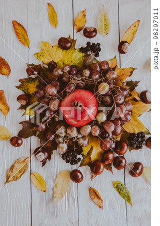Autumn still life. apple, pumpkin, pomegranate, viburnum, leaves. Flatlay background 98297011