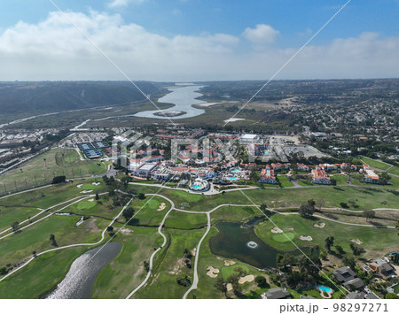 Aerial view of middle class neighborhood in Carlsbad with golf, North County San Diego, 98297271