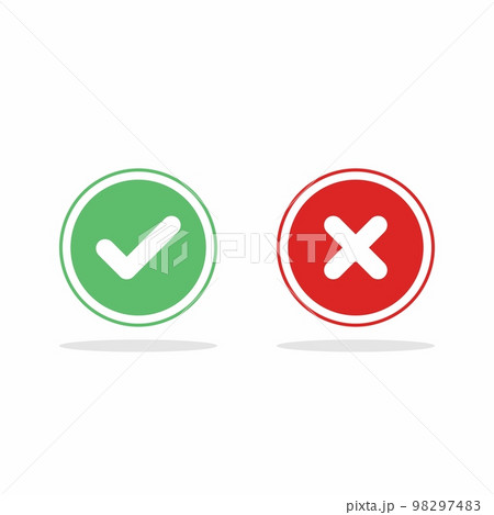 Check and wrong marks, Tick and cross marks, Accepted/Rejected, Approved/Disapproved, Yes/No, Right/Wrong, Green/Red, Correct/False, Ok/Not Ok - vector mark symbols in green and red. Isolated icon. 98297483