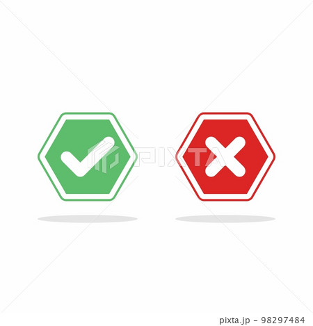 Check and wrong marks, Tick and cross marks, Accepted/Rejected, Approved/Disapproved, Yes/No, Right/Wrong, Green/Red, Correct/False, Ok/Not Ok - vector mark symbols in green and red. Isolated icon. 98297484
