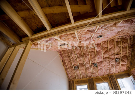 As part of building construction process, all communications and thermal insulation are installed in new building before plasterboard can be installed 98297848