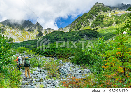 北アルプス奥穂高岳登山：涸沢ヒュッテを目指して涸沢の山道を登る 98298430