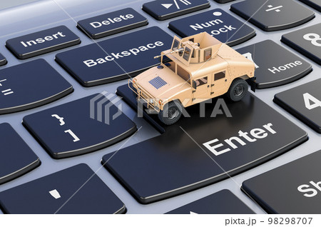 High Mobility Multipurpose Wheeled Vehicle on laptop keyboard, 3D rendering High Mobility Multipurpose Wheeled Vehicle on laptop keyboard, 3D rendering 98298707