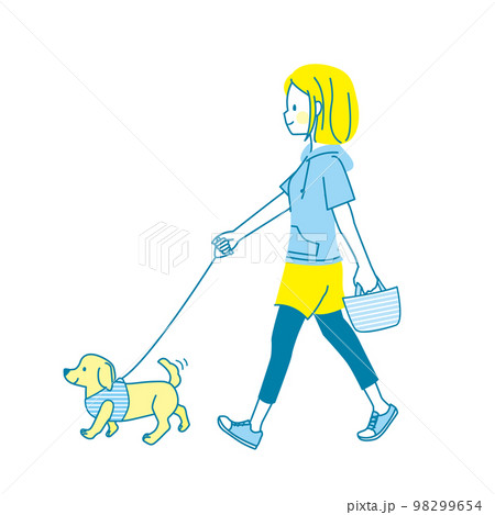 犬の散歩をしている若い女性のイラスト 98299654