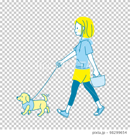 一位年輕女子遛狗的插圖 一位年輕女子遛狗的插圖 98299654