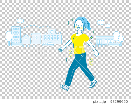 一位年輕女子在公園裡節食行走的圖像插圖 98299660