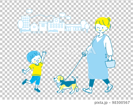 一位懷孕的媽媽和一個遛狗的男孩的插圖 98300567