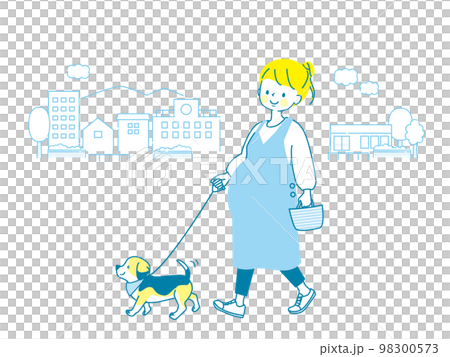 Illustration of a young pregnant woman walking the dog 98300573