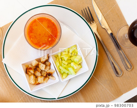 Gazpacho in glass spanish tomato based cold vegetable soup 98300703