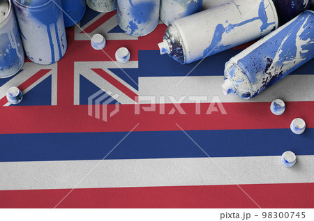 Hawaii US state flag and few used aerosol spray cans for graffiti painting. Street art culture concept 98300745