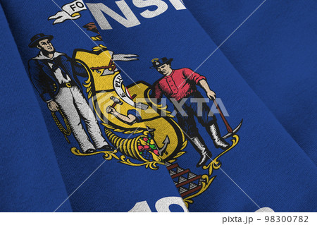 Wisconsin US state flag with big folds waving close up under the studio light indoors. The official symbols and colors in banner 98300782