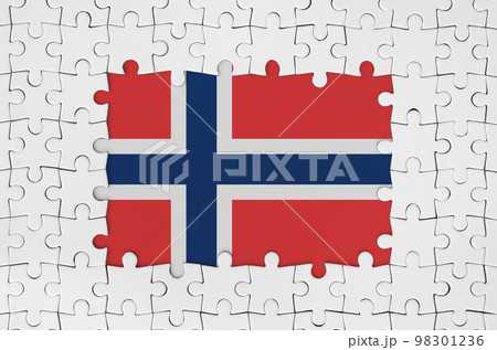 Norway flag in frame of white puzzle pieces with missing central part 98301236