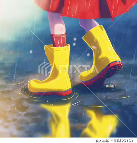黄色い雨ガッパと赤い長靴の少女　梅雨の季節「AI生成画像」 98301315