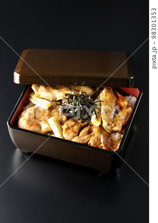 タレがたっぷりかかった焼き長葱と焼き鳥重を黒背景で撮影 タレがたっぷりかかった焼き長葱と焼き鳥重を黒背景で撮影 98301353