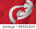 Tunisia flag with big folds waving close up under the studio light indoors. The official symbols and colors in banner 98301624