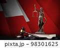 Tonga flag with statue of lady justice, constitution and judge hammer on black drapery. Concept of judgement and guilt 98301625