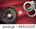 Turkey flag with judge mallet and handcuffs in dark room. Concept of criminal and punishment, background for judgement topics 98301626