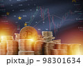 Alaska US state flag and big amount of golden bitcoin coins and trading platform chart. Crypto currency 98301634