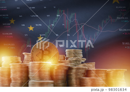 Alaska US state flag and big amount of golden bitcoin coins and trading platform chart. Crypto currency 98301634