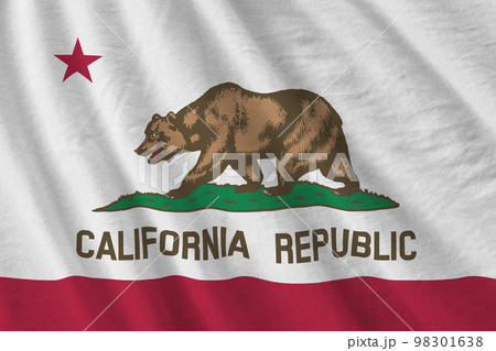 California US state flag with big folds waving close up under the studio light indoors. The official symbols and colors in banner 98301638