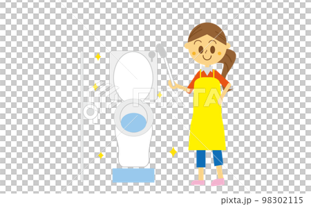 一個女人打掃廁所並使它閃閃發亮的插圖，房屋清潔，家務，母親，家務中介 98302115
