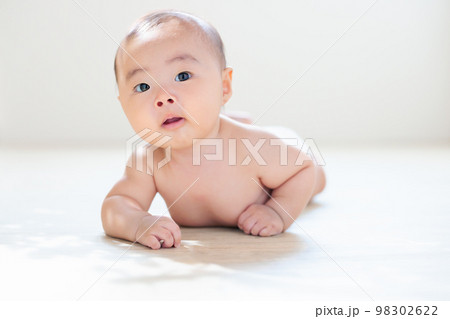 うつ伏せの赤ちゃん　タミータイム　首すわりが完了した赤ちゃん　生後4ヶ月 98302622