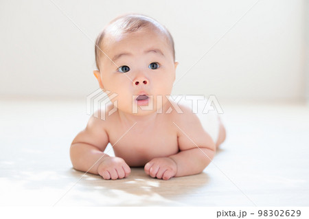 うつ伏せの赤ちゃん　タミータイム　首すわりが完了した赤ちゃん　生後4ヶ月 98302629