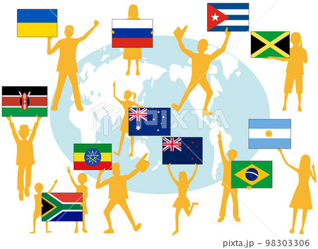 世界の国々が国旗を掲げて平和を願っている。 世界の国々が国旗を掲げて平和を願っている。 98303306