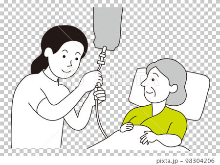 年配女性患者の点滴を準備している女性看護師 98304206