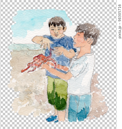 磯遊びをする子どもたちの水彩イラスト 98305716