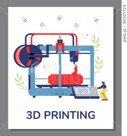 People manufacturing prototype object on 3D printer, poster template, flat vector illustration. 98305725