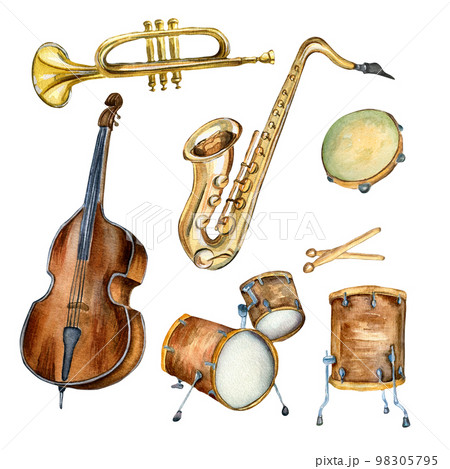 Set of trumpet, saxophone, contrabass musical instruments watercolor illustration isolated. 98305795