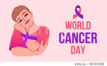 World Cancer Day 4 February Poster Or Banner Background. Woman with ribbon illustration. EPS 10. 98305896