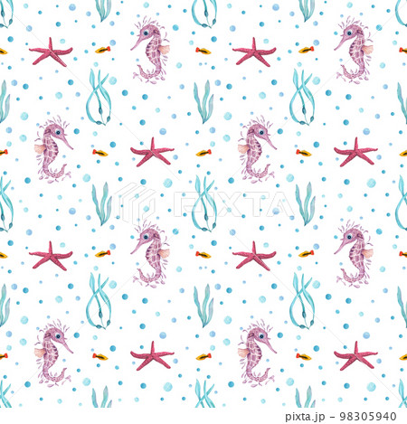 Watercolor underwater seamless pattern of seahorses, fishes, algae, starfishes on white background. Print for design, banner, background, menus, souvenirs, decor, wallpaper, fabric, textile, wrapping. Watercolor underwater seamless pattern of seahorses, fishes, algae, starfishes on white background. Print for design, banner, background, menus, souvenirs, decor, wallpaper, fabric, textile, wrapping. 98305940