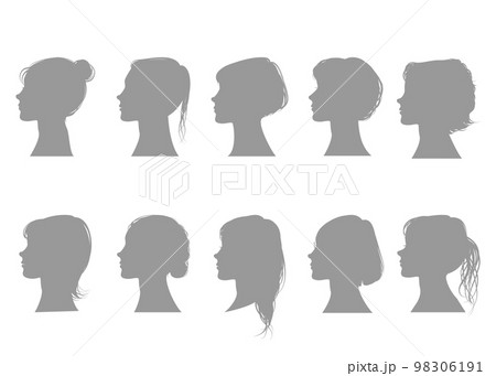 シンプルでおしゃれな女性の横顔のシルエット  上半身顔アップ バストアップのイラスト  シンプルでおしゃれな女性の横顔のシルエット  上半身顔アップ バストアップのイラスト  98306191