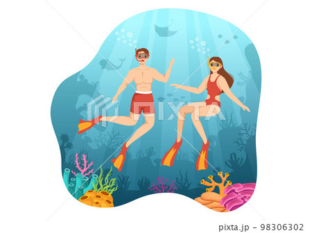 Snorkeling Illustration with Underwater Swimming Exploring Sea, Coral Reef or Fish in the Ocean for Landing Page in Cartoon Hand Drawn Templates 98306302
