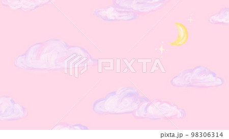 ゆめかわピンクの背景 メルヘンな空と雲と月 手描きイラストのイラスト