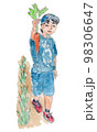 畑仕事をする少年の水彩イラスト 98306647
