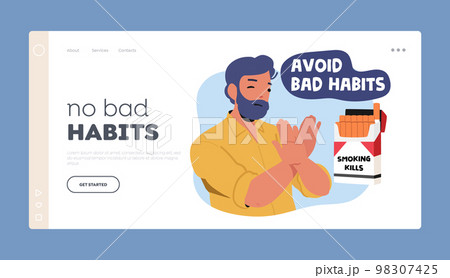 No Bad Habits Landing Page Template. Man Show Stop Gesture for Cigarette Box. Male Character Healthy Lifestyle 98307425