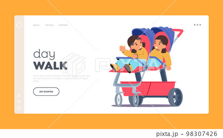 Day Walk Landing Page Template. Baby Girl Twins in Stroller or Buggy. Cute Children Toddler Sit in Double Summer Pram 98307426