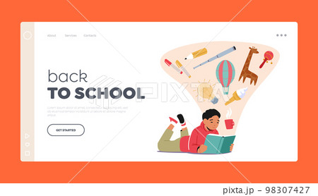 Back to School Landing Page Template. School Boy Student Prepare to Exam, Schoolboy Sitting on Pile of Textbooks 98307427